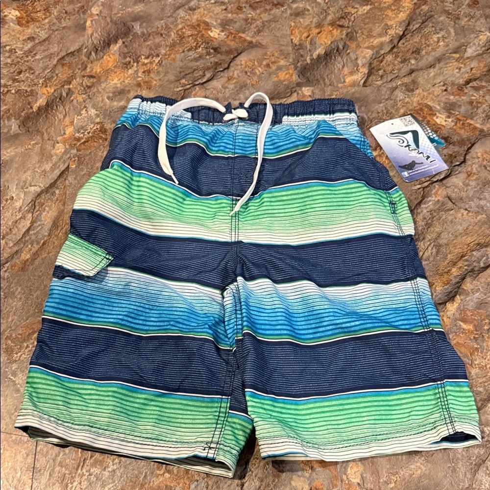 NWT Striped Blue and Green Swim Shorts youth size medium (10/12)